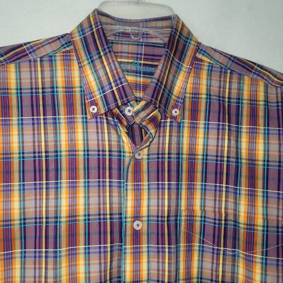 Alan Flusser Shirt Mens L Purple Yellow Plaid Cotton Pocket Preppy Office Casual - Picture 2 of 11